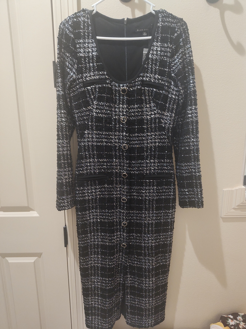 Black Halo 'Mae' Black and White Tweed Long Sleeve Dress NWT Size 10